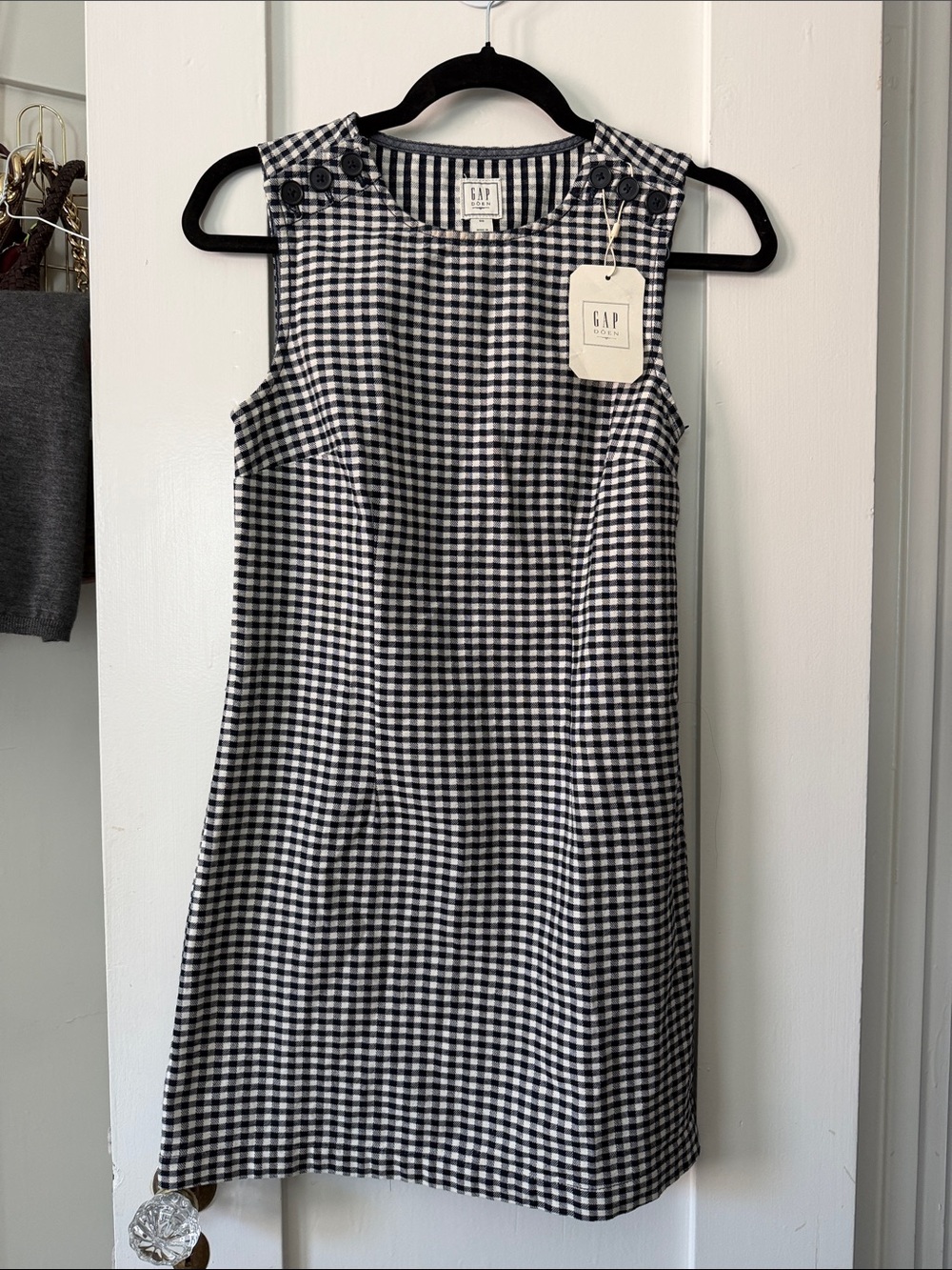 GAP x DOEN Black and White Gingham Button-Shoulder Mini Dress